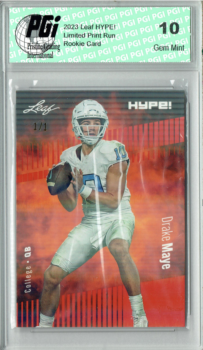 Drake Maye Rookie Card New England PGI 10 Gem Mint Football Trading Card 2023 Leaf HYPE! #114a Orange Shimmer 1/1