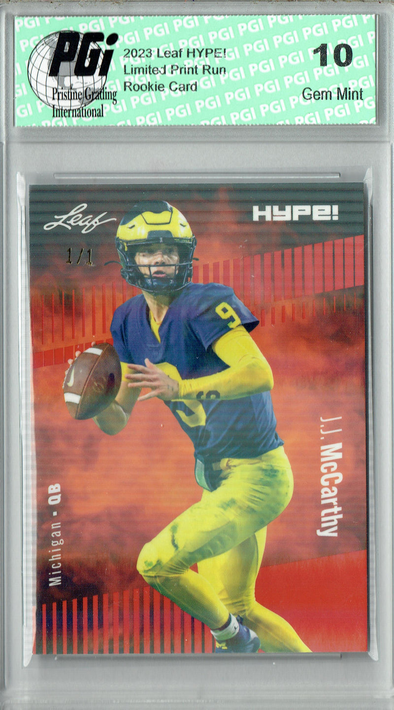 J.J. McCarthy Rookie Card Minnesota PGI 10 Gem Mint Football Trading Card 2023 Leaf HYPE! #122A Orange Shimmer 1/1