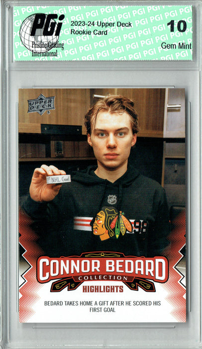 2023 Upper Deck Connor Bedard Collection #21 Scores 1st Goal Rookie Card PGI 10