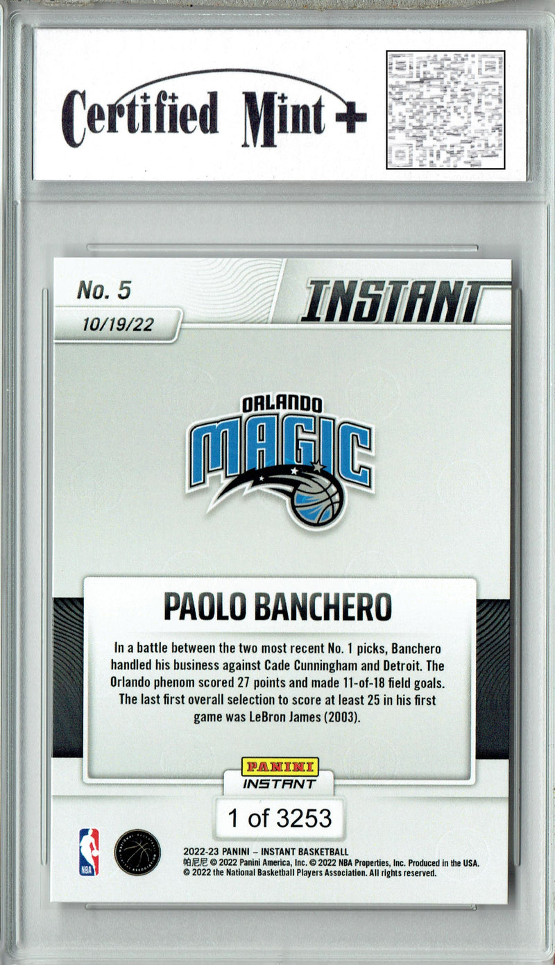 Certified Mint+ Paolo Banchero 2022 Instant #5 His NBA Debut! 1 of 946 Rookie Card