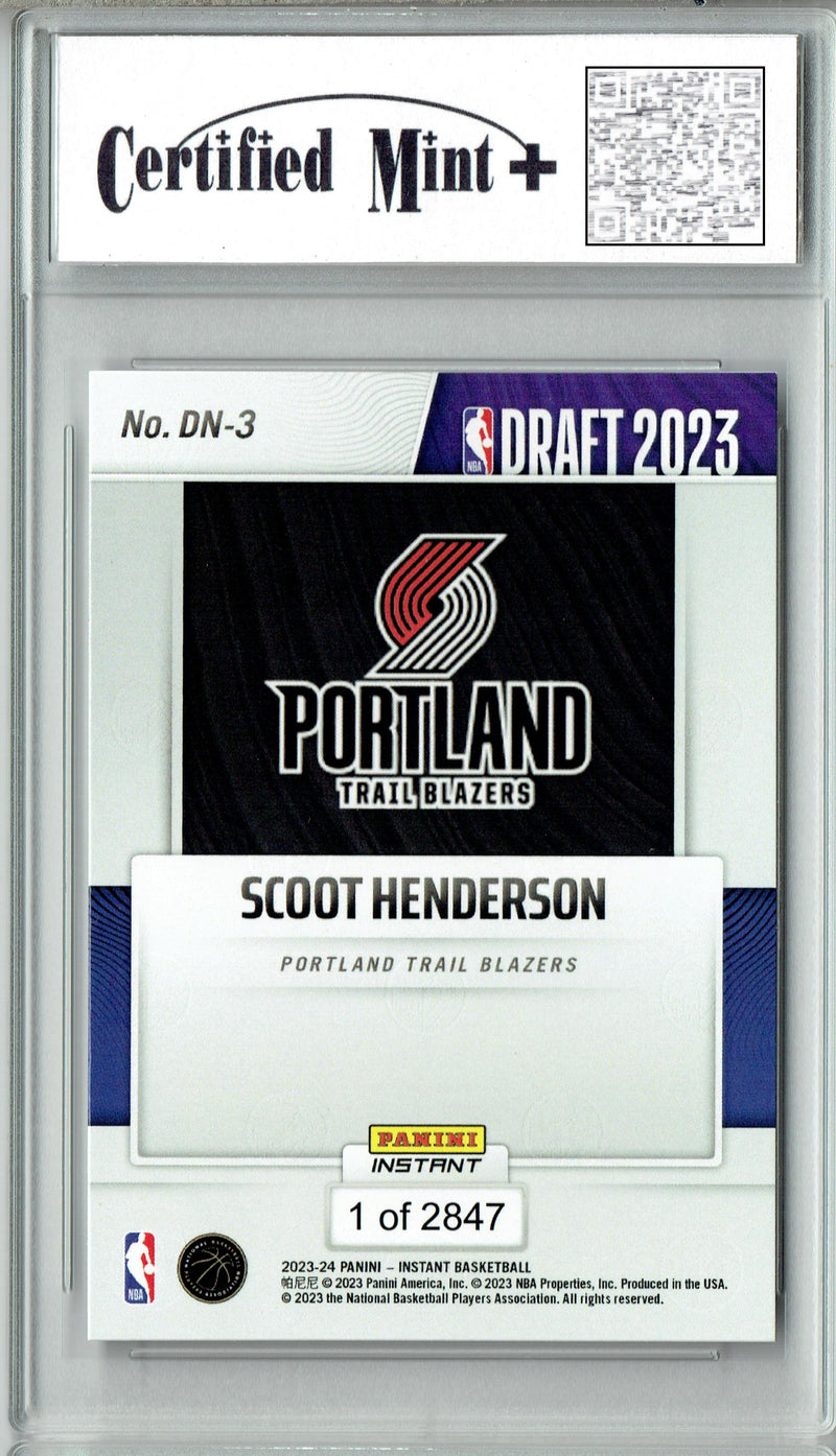 Certified Mint+ Scoot Henderson 2023 Panini Instant #DN-3 NBA Draft 1 of 2847 Portland Trail Blazers Rookie Card
