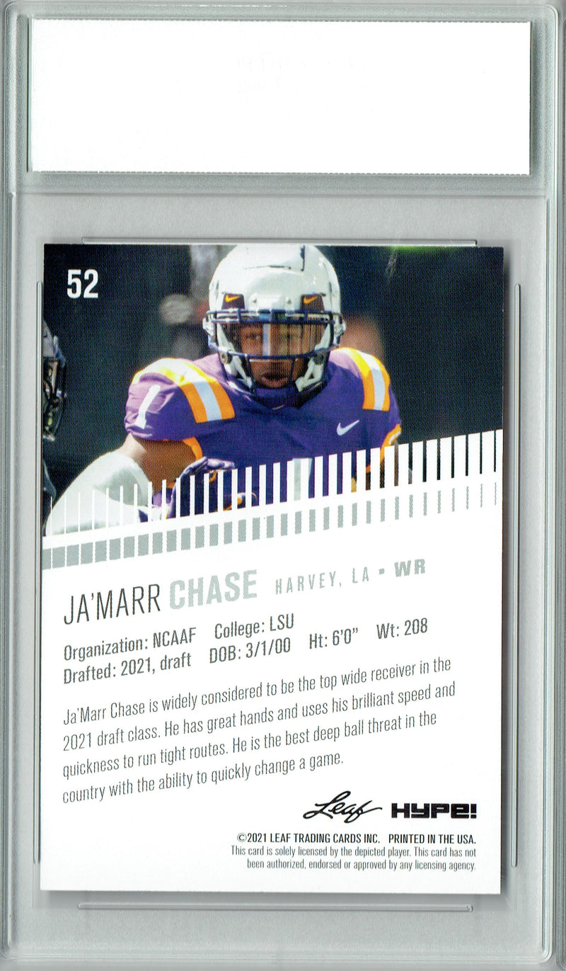 Ja'Marr Chase Rookie Card LSU / Cincinnati PGI 10 Gem Mint Football Trading Card 2021 Leaf HYPE! #52 Only 5000 Made