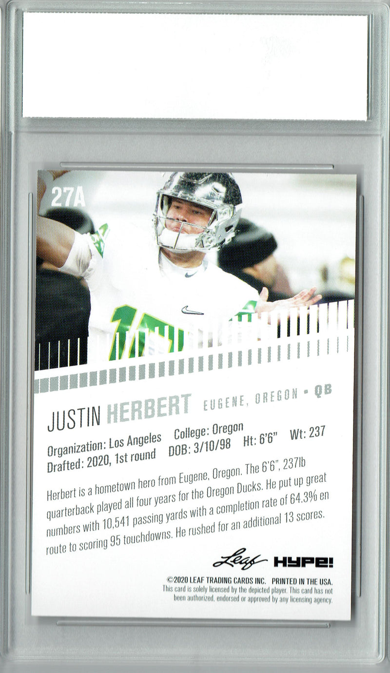 Justin Herbert Rookie Card Los Angeles PGI 10 Gem Mint Football Trading Card 2020 Leaf HYPE! #27A Only 5000 Made