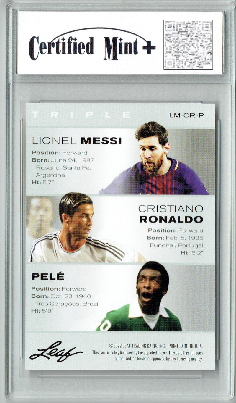 Certified Mint+ The TRIPLE Lionel Messi Pele Cristiano Ronaldo 2022 Leaf Legends Edition #LM-CR-P GOATS Greatest Soccer Card Ever Trading Card