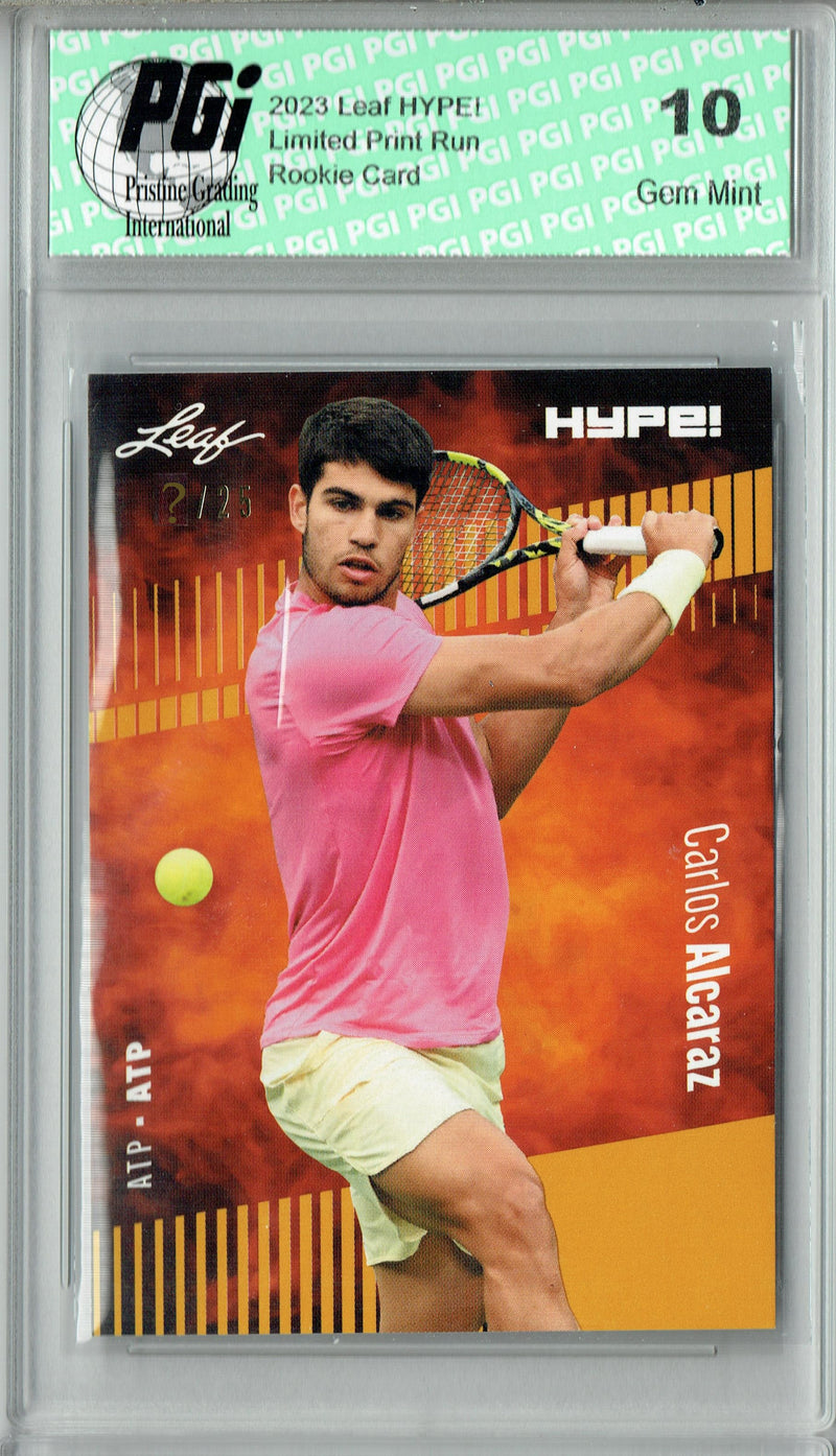 Carlos Alcaraz 2023 Leaf HYPE! #108A Gold SP, Just 25 Made Rookie Card PGI 10