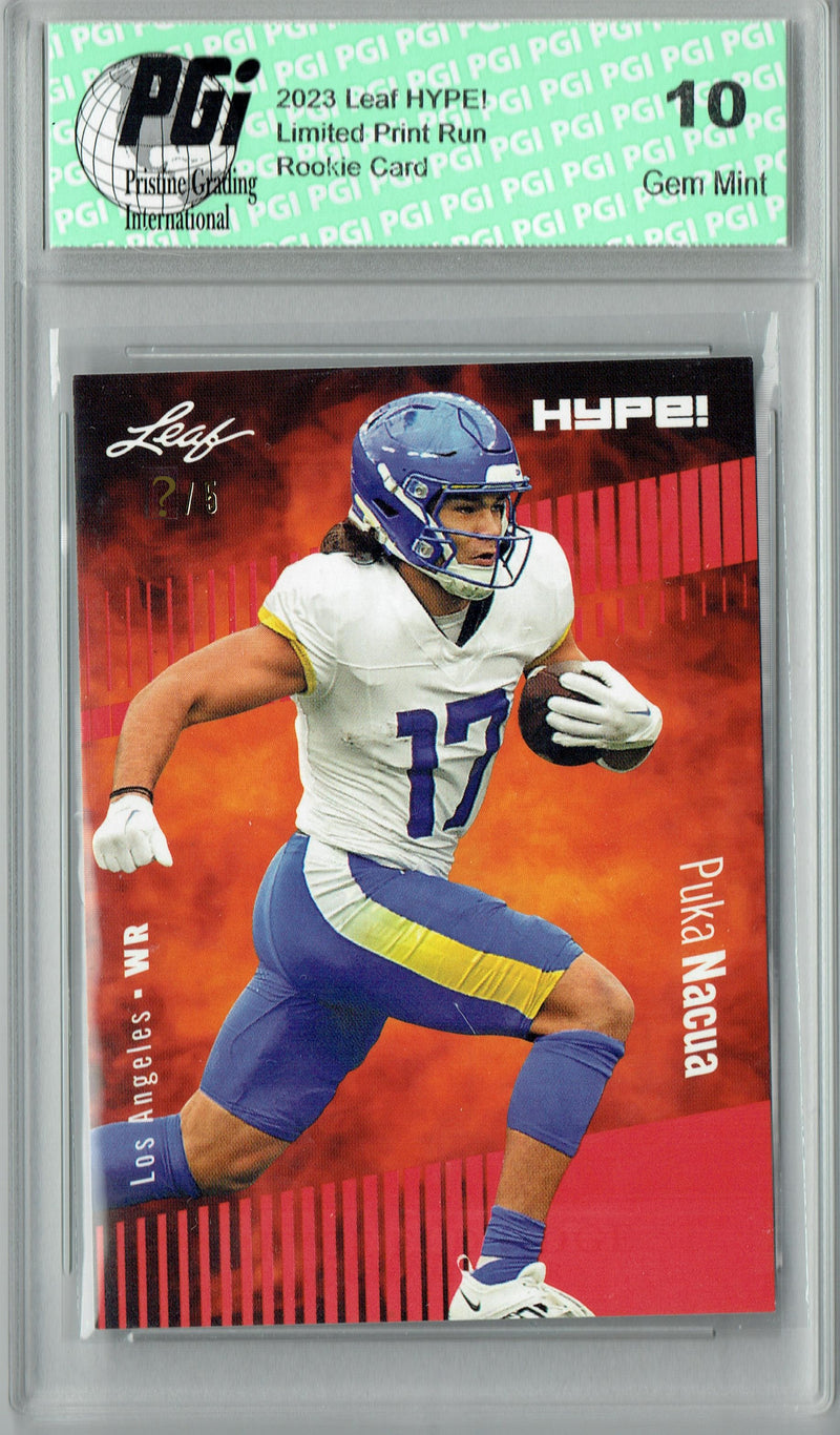 Puka Nacua Rookie Card Los Angeles PGI 10 Gem Mint Football Trading Card 2023 Leaf HYPE! #132A Red SP Just 5 Made