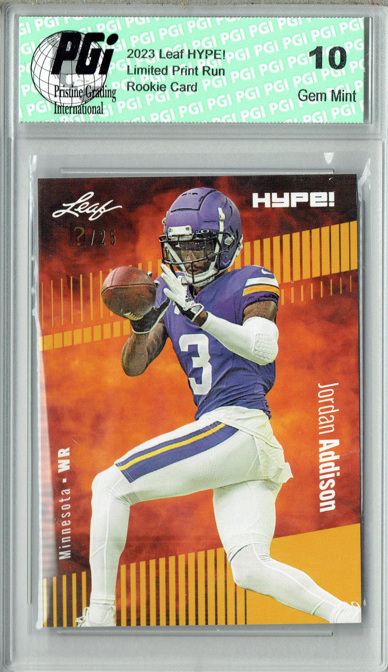 Jordan Addison Rookie Card Minnesota PGI 10 Gem Mint Football Trading Card 2023 Leaf HYPE! #127 Gold SP Just 25 Made