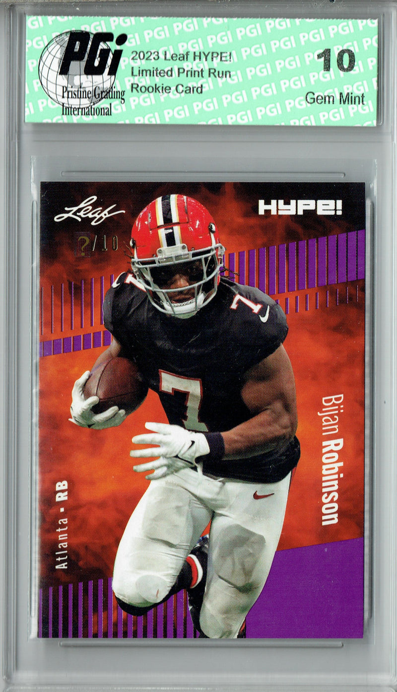 Bijan Robinson Rookie Card Atlanta PGI 10 Gem Mint Football Trading Card 2023 Leaf HYPE! #102A Purple SP Just 10 Made