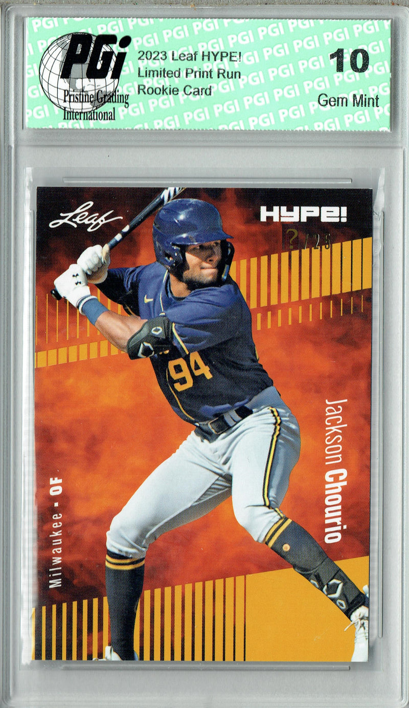 Jackson Chourio 2023 Leaf HYPE! #123 Gold SP, Just 25 Made Rookie Card PGI 10