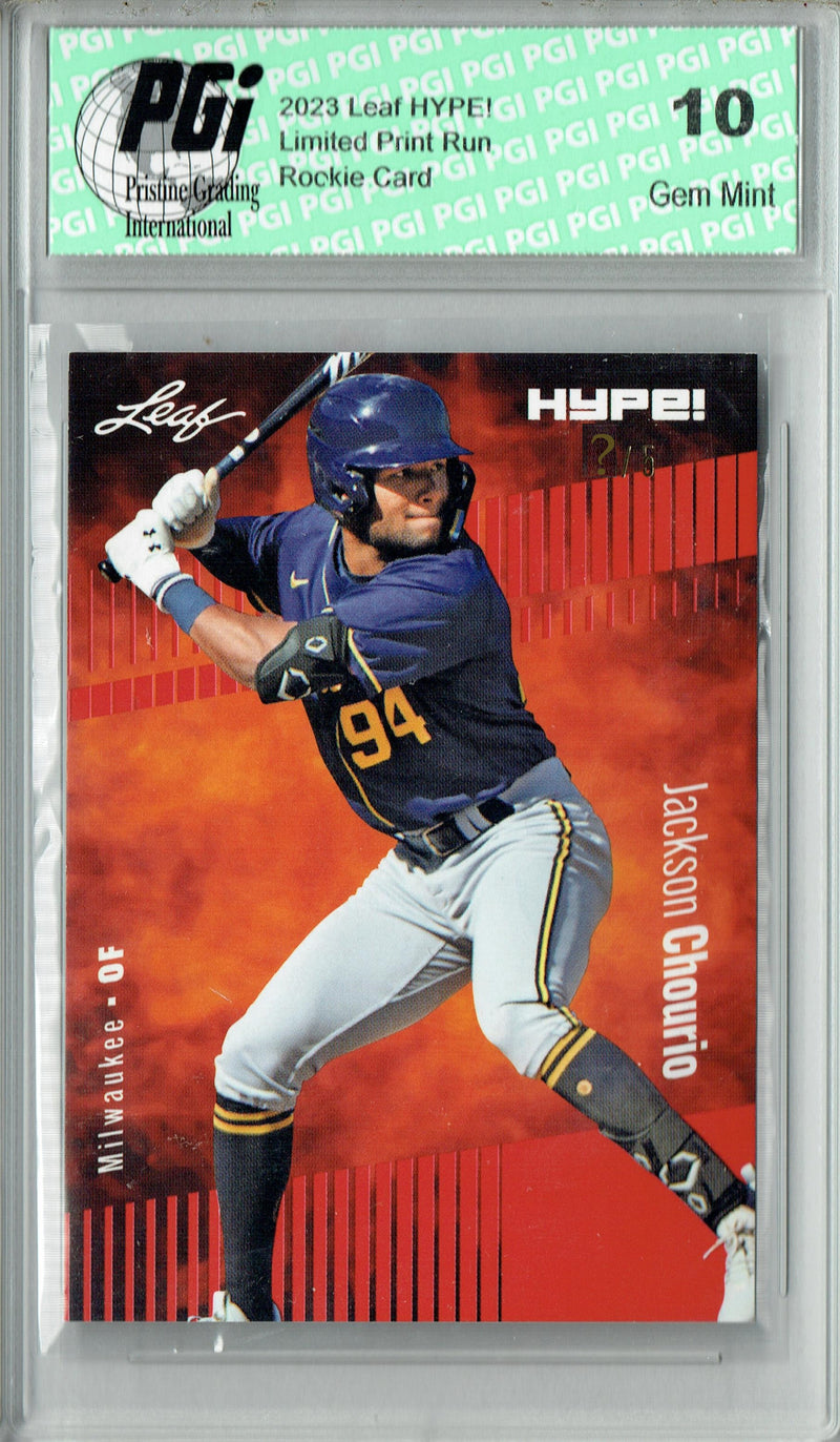 Jackson Chourio 2023 Leaf HYPE! #123 Purple SP, Just 10 Made Rookie Card PGI 10