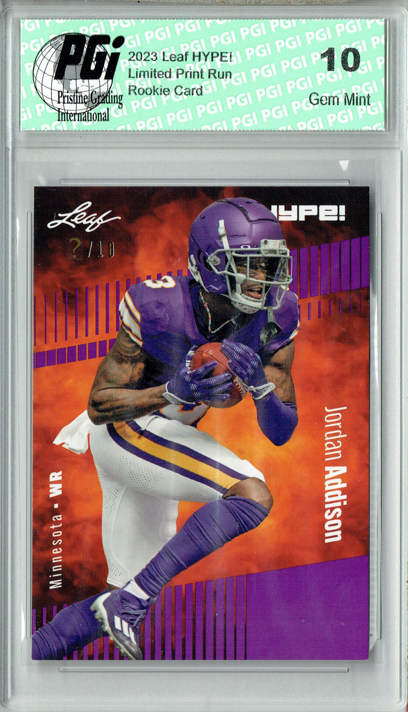 Jordan Addison Rookie Card Minnesota PGI 10 Gem Mint Football Trading Card 2023 Leaf HYPE! #127A Purple SP Just 10 Made