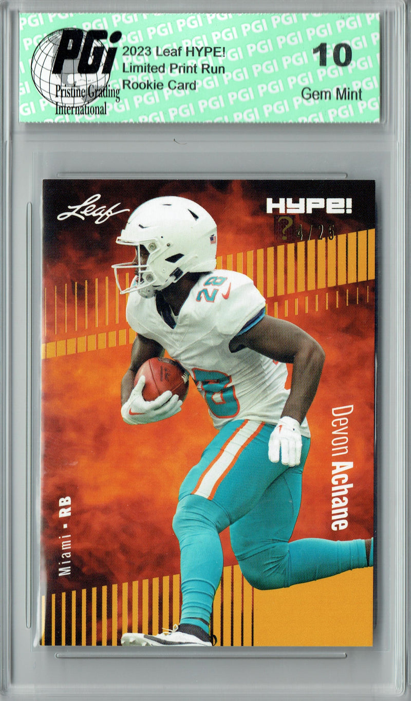 Devon Achane Rookie Card Miami PGI 10 Gem Mint Football Trading Card 2023 Leaf HYPE! #113 Gold SP Just 25 Made