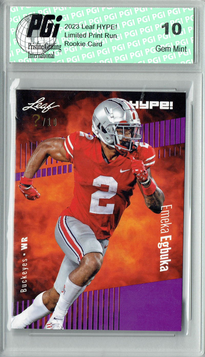 Emeka Egbuka Rookie Card Ohio State PGI 10 Gem Mint Football Trading Card 2023 Leaf HYPE! #116 Purple SP Just 10 Made