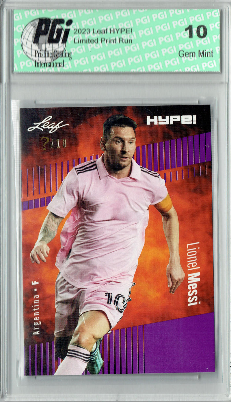 Lionel Messi 2023 Leaf HYPE! #130a Purple SP, Just 10 Made Rare Trading Card PGI 10