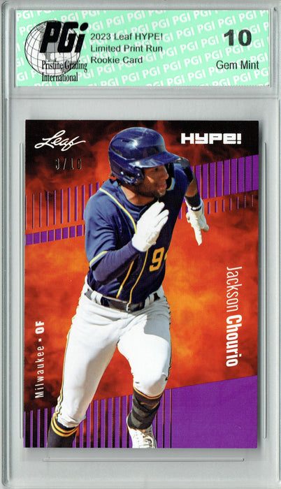 Jackson Chourio 2023 Leaf HYPE! #123a Purple SP, Just 10 Made Rookie Card PGI 10