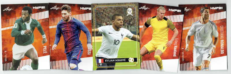 Mint Condition 5-Card Pack including Pele, Messi, C. Ronaldo, Erling Haaland, and Mbappe Rookie HYPE Cards Superpack