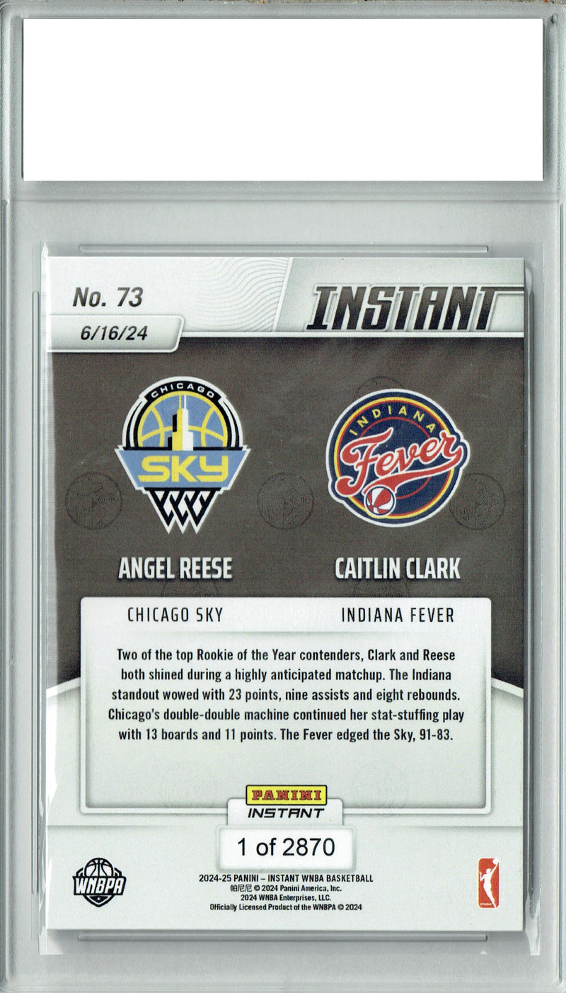 Caitlin Clark 2024 Panini Instant #73 Angel Reese Rookie Card PGI 10