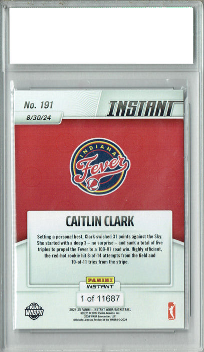 Caitlin Clark 2024 Panini Instant #191 Hits Career Hi 31 pts Rookie Card PGI 10