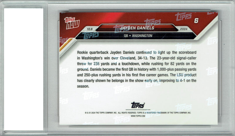 Certified Mint+ Jayden Daniels 2024 Topps Now #6 Night Commanders Rookie Card
