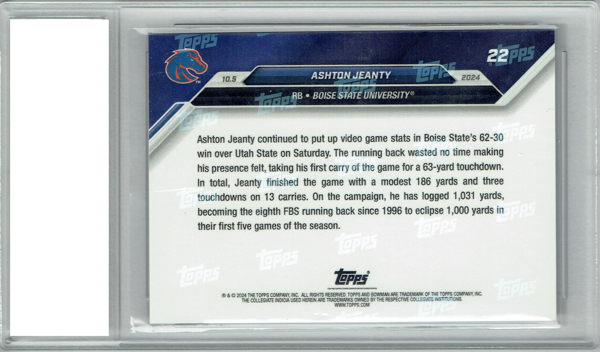 Ashton Jeanty 2024 Bowman University Now #22 Blue SP 99 Made! Rookie Card PGI 10