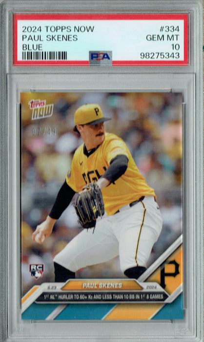 PSA 10 Paul Skenes 2024 Topps Now #334 Blue SP #7/49 Rookie Card