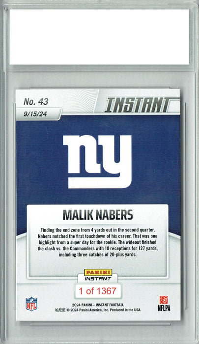 Malik Nabers 2024 Panini Instant #43 1st Career Touchdown Rookie Card PGI 10