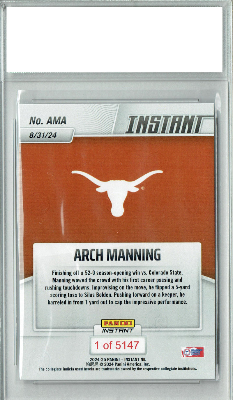 Certified Mint+ Arch Manning 2024 Panini Instant #AMA 1st Career Touchdowns Rookie Card Texas Longhorns