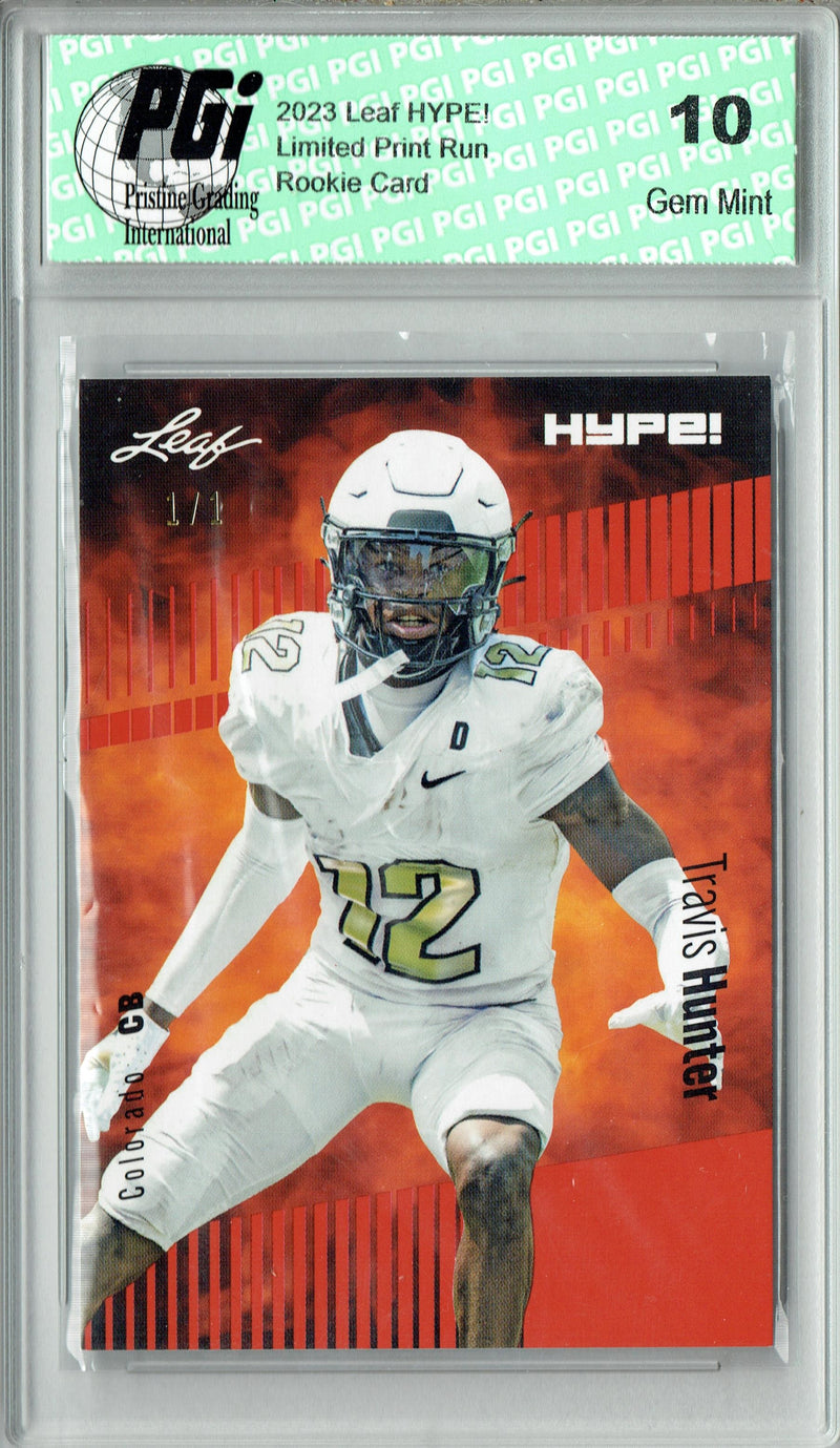 Travis Hunter Rookie Card Jacksonville PGI 10 Gem Mint Football Trading Card 2023 Leaf HYPE! #137 Orange Blank Back 1/1