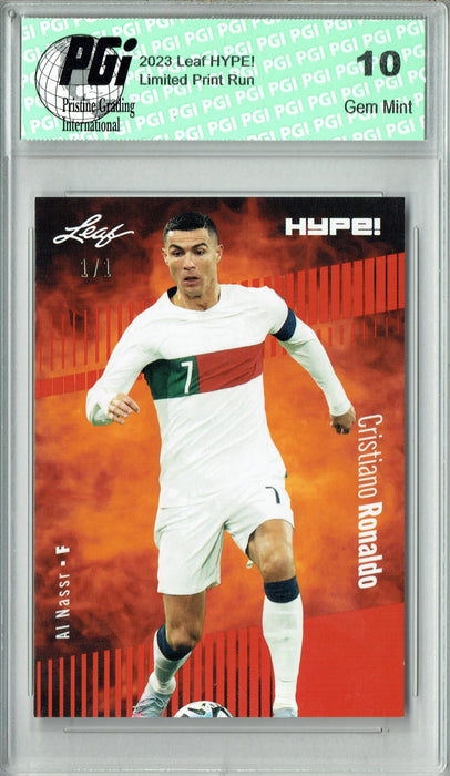 Cristiano Ronaldo 2023 Leaf HYPE! #110a Orange Blank Back #1/1 Trading Card PGI 10