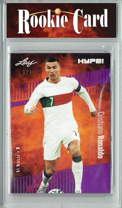 Certified Mint+ Cristiano Ronaldo 2023 Leaf HYPE! #110a Purple Blank Back #1/1 Trading Card