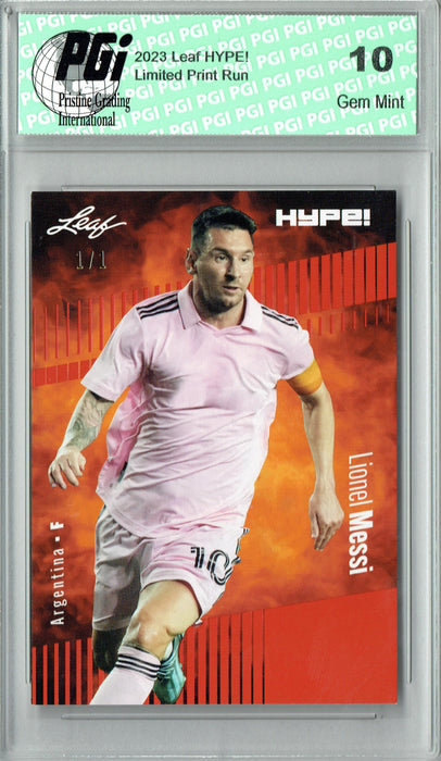 Lionel Messi 2023 Leaf HYPE! #130a Orange Blank Back #1/1 Rare Trading Card PGI 10