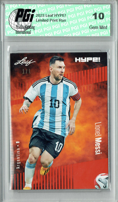 Lionel Messi 2023 Leaf HYPE! #130 Orange Blank Back #1/1 Rare Trading Card PGI 10