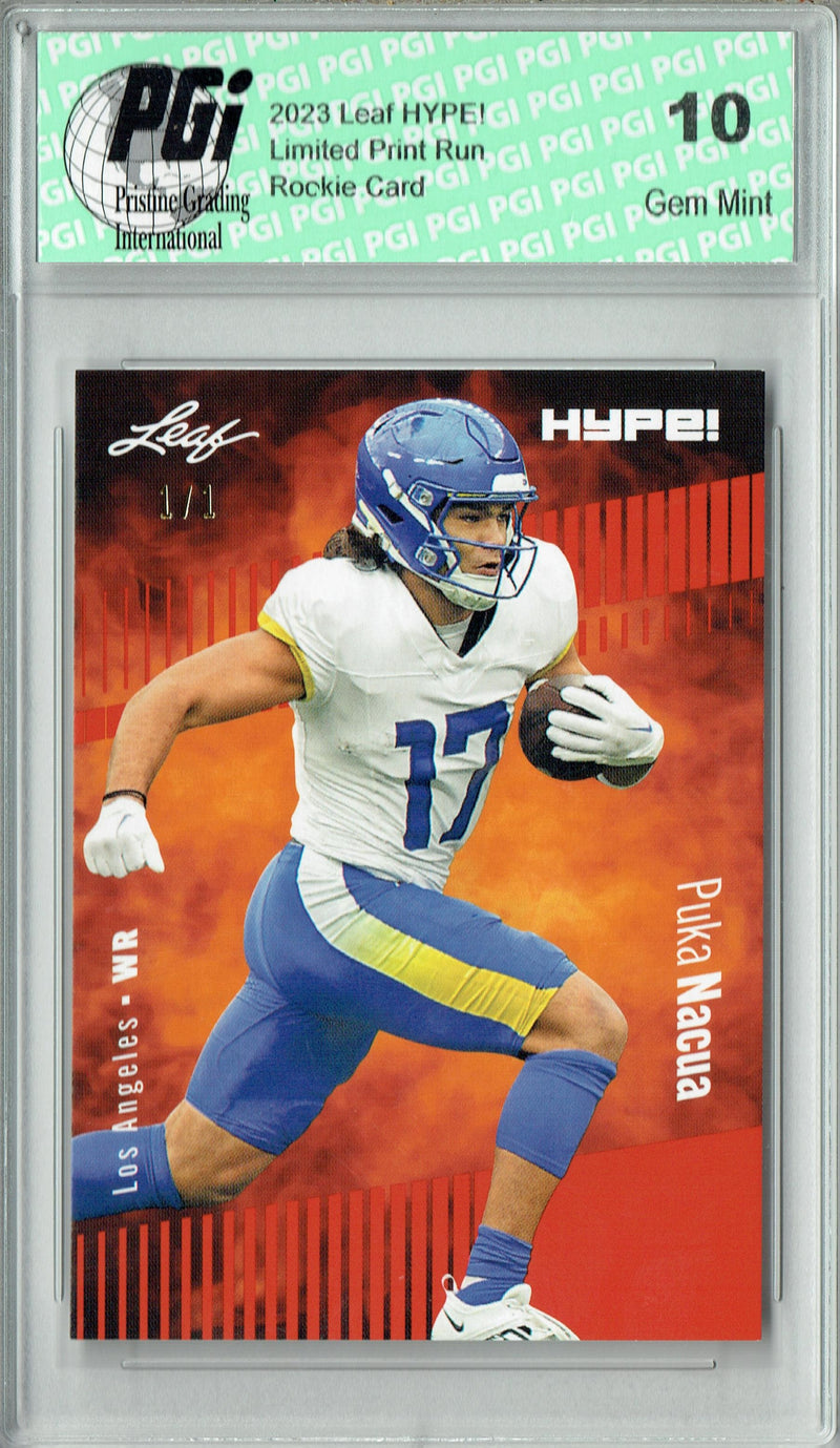 Puka Nacua Rookie Card Los Angeles PGI 10 Gem Mint Football Trading Card 2023 Leaf HYPE! #132A Orange Blank Back 1/1