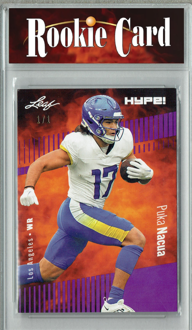 Puka Nacua Rookie Card Los Angeles Football Trading Card 2023 Leaf HYPE! #132A Purple Blank Back 1/1  Certified Mint+