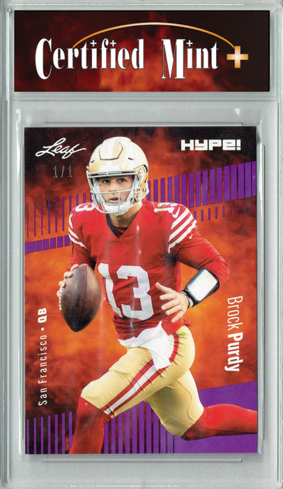 Certified Mint+ Brock Purdy 2023 Leaf HYPE! #105 Purple Blank Back #1/1 Rare Trading Card