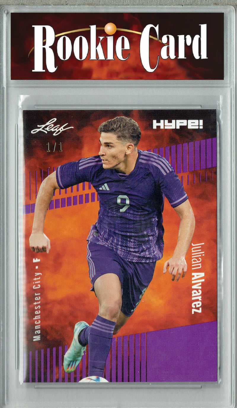 Certified Mint+ Julian Alvarez 2023 Leaf HYPE #129 Purple Blank Back #1/1 Rookie Card Manchester City