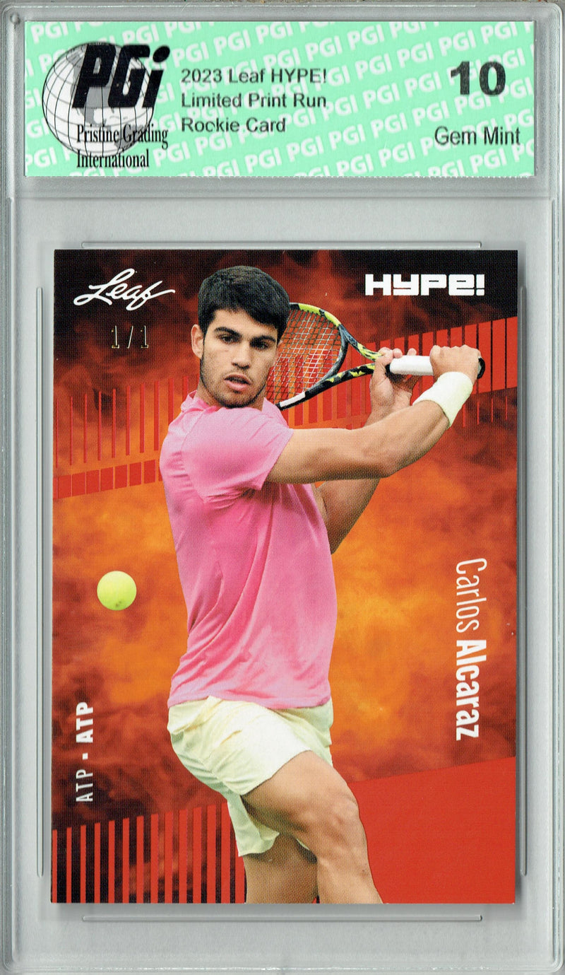 Carlos Alcaraz 2023 Leaf HYPE! #108A Orange Blank Back #1/1 Rookie Card PGI 10