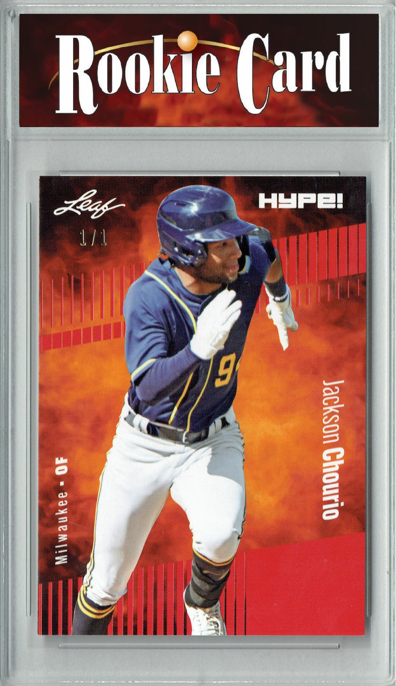 Certified Mint+ Jackson Chourio 2023 Leaf HYPE #123a Red Blank Back #1/1 Rookie Card Milwaukee Brewers