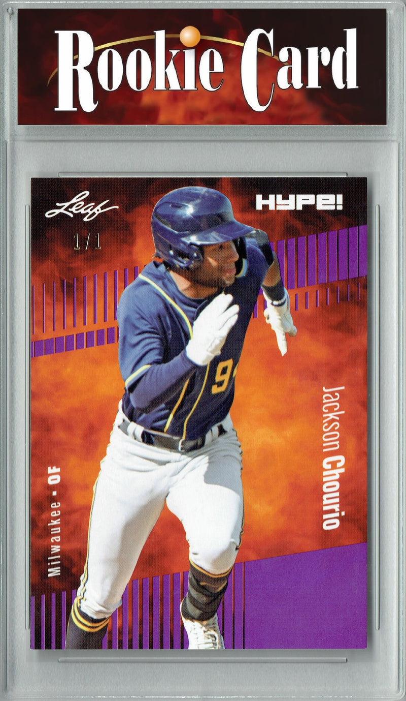 Certified Mint+ Jackson Chourio 2023 Leaf HYPE #123a Purple Blank Back #1/1 Rookie Card Milwaukee Brewers