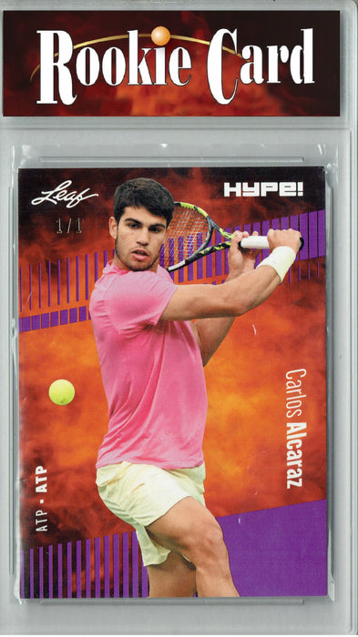 Certified Mint+ Carlos Alcaraz 2023 Leaf HYPE! #108A Purple Blank Back #1/1 Rare Rookie Card