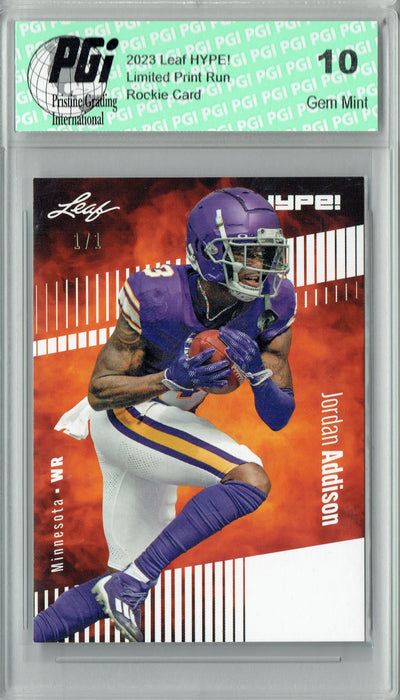 Jordan Addison 2023 Leaf HYPE! #127A White Blank Back #1/1 Rookie Card PGI 10