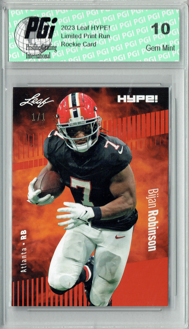 Bijan Robinson Rookie Card Atlanta PGI 10 Gem Mint Football Trading Card 2023 Leaf HYPE! #102A Orange Blank Back 1/1