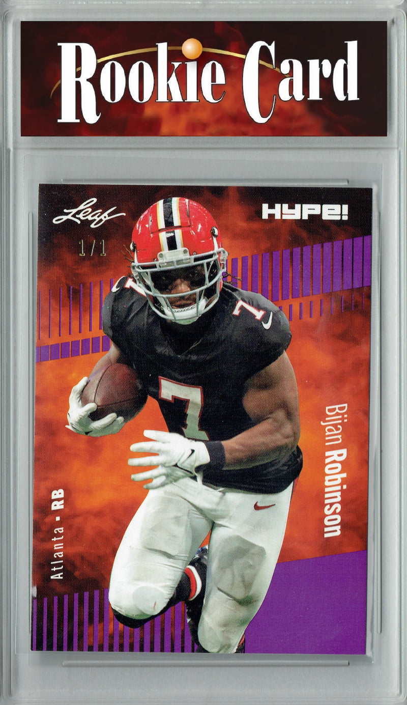 Bijan Robinson Rookie Card Atlanta Football Trading Card 2023 Leaf HYPE! #102A Purple Blank Back 1/1  Certified Mint+