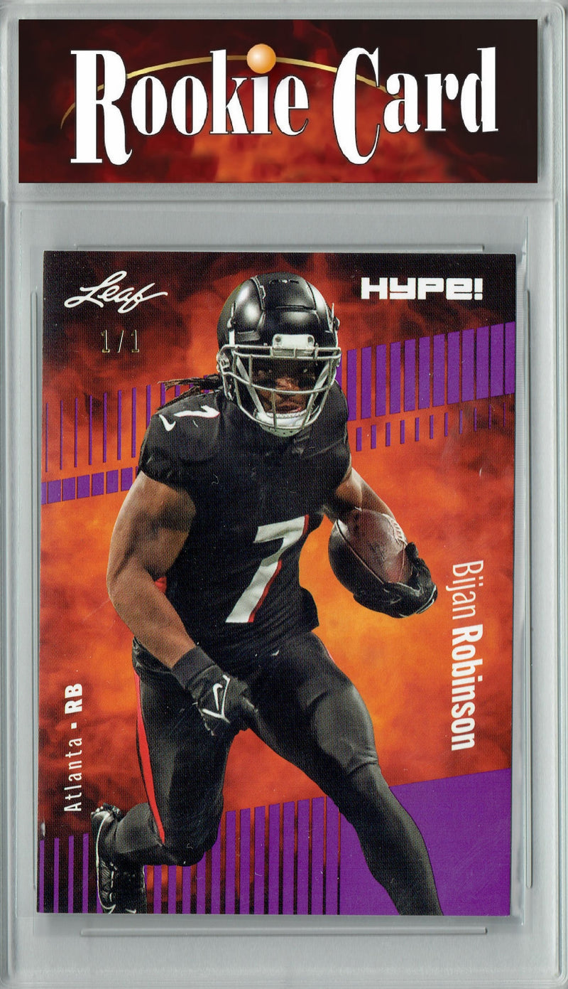 Bijan Robinson Rookie Card Atlanta Football Trading Card 2023 Leaf HYPE! #102 Purple Blank Back 1/1  Certified Mint+