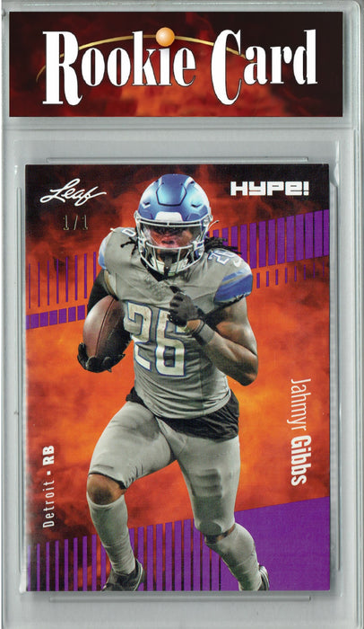 Certified Mint+ Jahmyr Gibbs 2023 Leaf HYPE! #125 Purple Blank Back #1/1 Rookie Card
