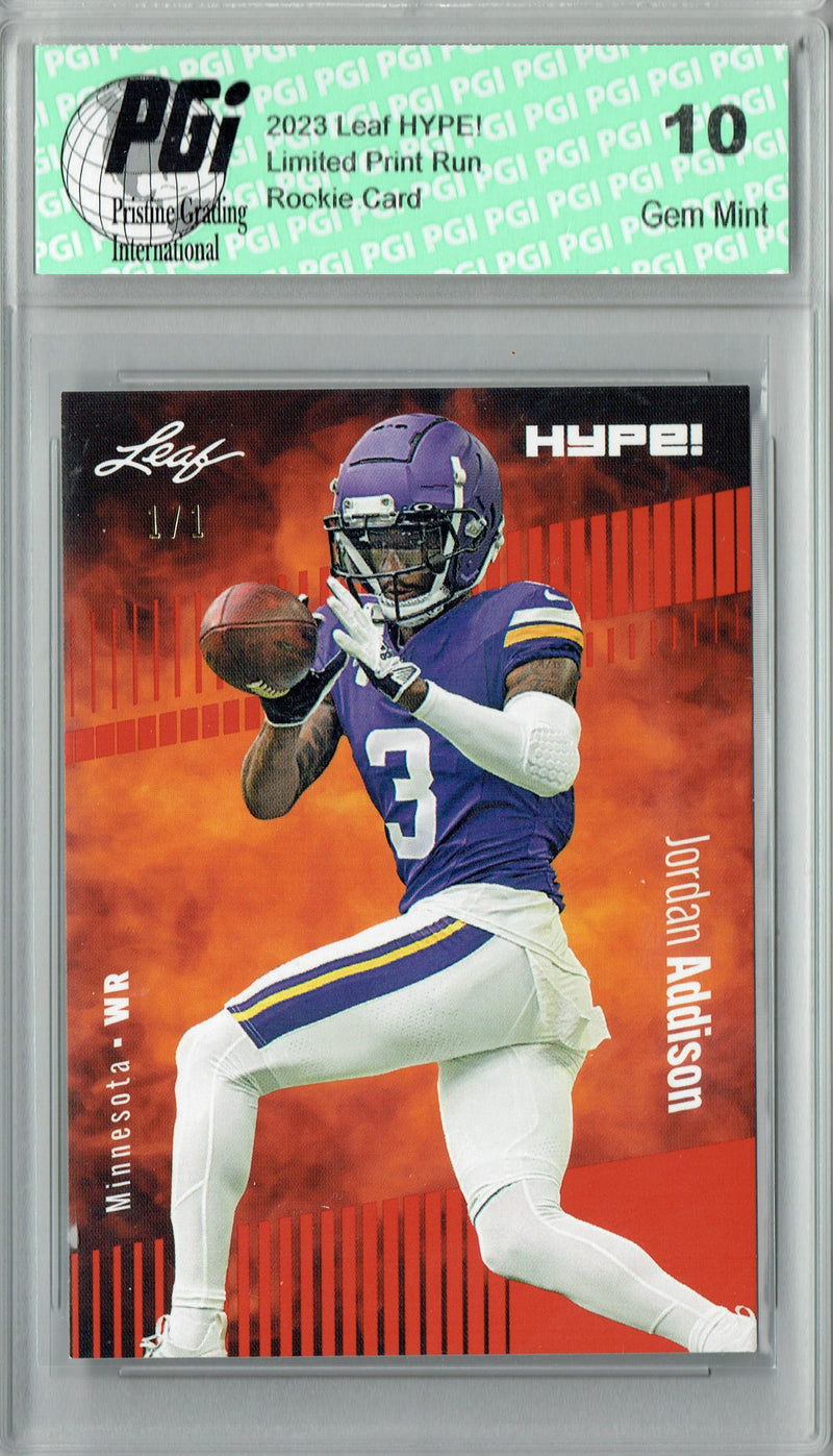 Jordan Addison Rookie Card Minnesota PGI 10 Gem Mint Football Trading Card 2023 Leaf HYPE! #127 Orange Blank Back 1/1