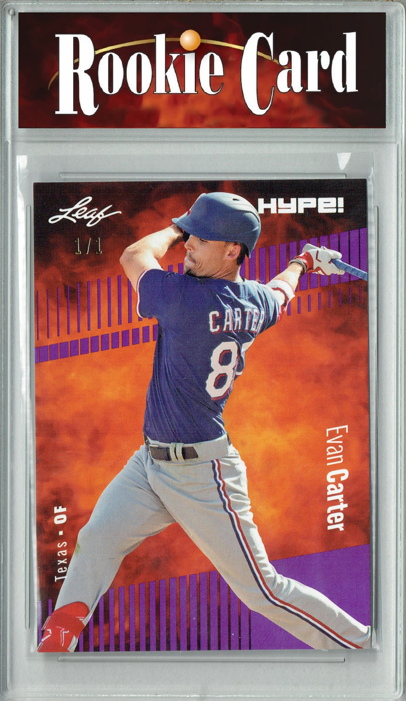 Certified Mint+ Evan Carter 2023 Leaf HYPE #120 Purple Blank Back #1/1 Rookie Card Texas Rangers