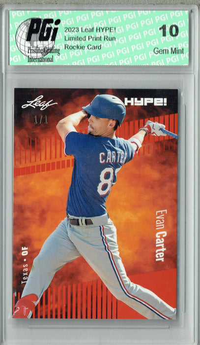 Evan Carter 2023 Leaf HYPE! #120 Orange Blank Back #1/1 Rookie Card PGI 10
