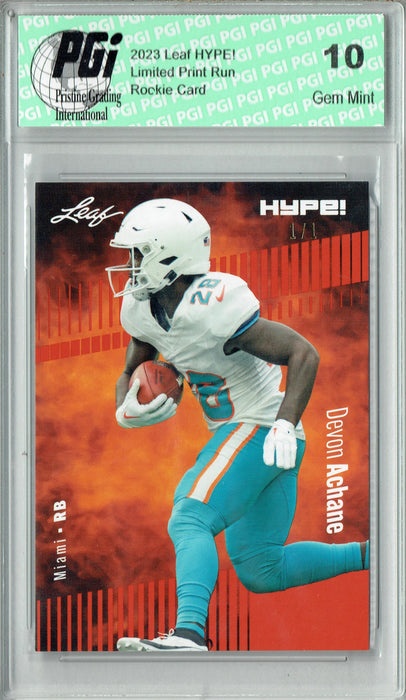 Devon Achane 2023 Leaf HYPE! #113 Orange Blank Back #1/1 Rookie Card PGI 10