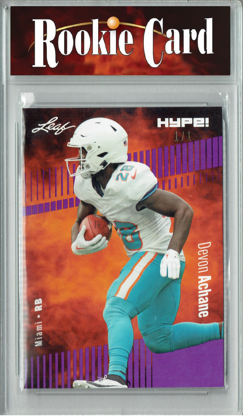 Devon Achane Rookie Card Miami Football Trading Card 2023 Leaf HYPE! #113 Purple Blank Back 1/1  Certified Mint+